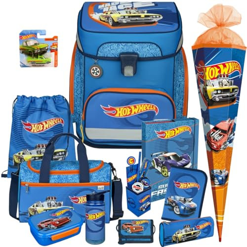 Pridera Scooli Schulranzen 1.Klasse Jungen Hot Wheels Auto EasyFit Set 12tlg. mit Sporttasche Brustbeutel Brotdose Trinkflasche Stifteköcher, passend dazu Schultüte Hot Wheels Auto gratis