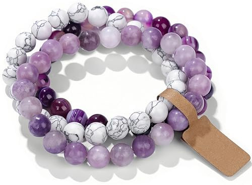 Handmade Echte Natursteinperlen Heilsteine Armband (Lila -Stein&Weißes Türkis&Lila gestreifte Achat)