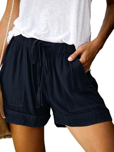 comefohome Shorts Damen Sommer High Waist Kordelzug Elastische Taille Lässig Elegant Kurze Hose Baumwolle Hosen mit Taschen C Dunkelblau M