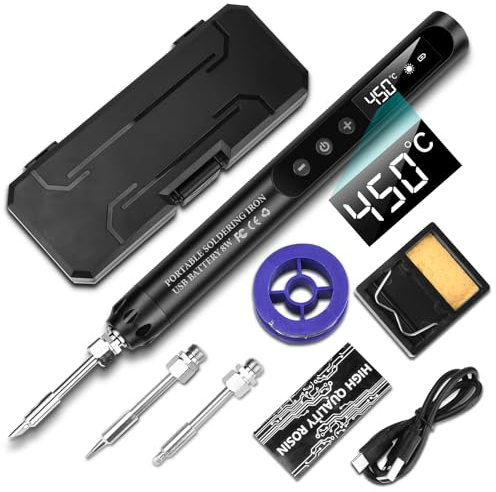 Voktta USB Rechargeable Soldering Iron with LCD, Battery Soldering Iron Set, Ceramic Heating Core, Adjustable Temperatures 200-450°C, with 3 Soldering Tips, It is for Repairing Circuit Boards etc