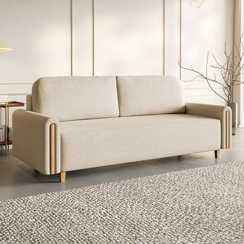 MOTIVENA Notti 3 Sitzer Sofa mit Bettfunktion, Schlafsofa 235 cm Breit, Klappsofa mit Schlaffunktion, Schlafsofa mit Bettkasten, Bettsofa mit Schlaffunktion, Boucle Sofa Beige (Creme)