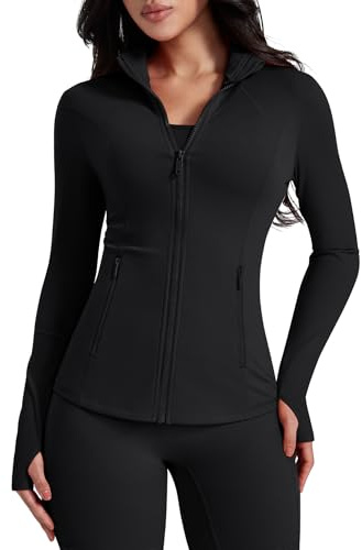 AVGO Womens Workout Jackets Lightweight Athletic Zip Up Jacket Slim Fit Running Gym Top with Pockets & Thumb Holes(Black, M)