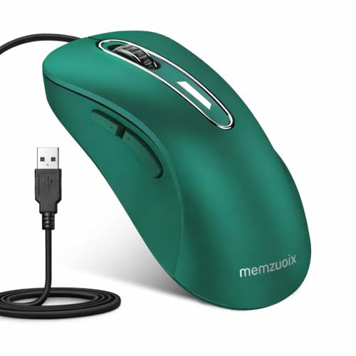 memzuoix Wired USB Mouse – 1400 DPI Optical,5-Button Ergonomic Wired Computer Mouse with 5FT Cable – For Laptop, PC, Mac – Dark Green