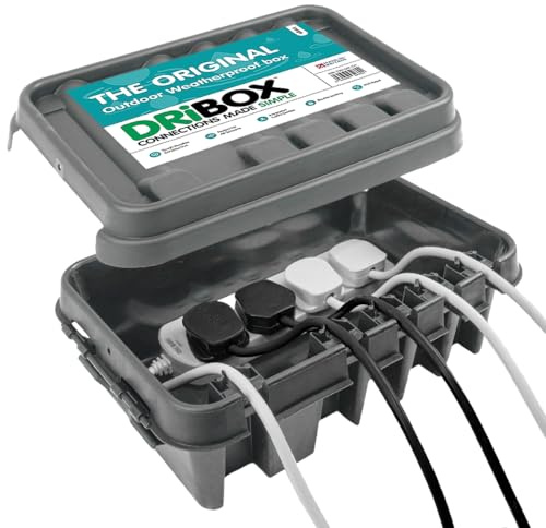 DRiBOX – Medium Grey IP55 Weatherproof Outdoor Electrical Connection Box 34 x 22 x 11.7cm – Power Cord Enclosure for Christmas Lights, Timers, Extension Cables, Leads, Reels, Transformers (1 Box)