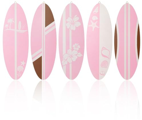 PH PandaHall 5 Stück Surfbrett Aus Holz Wanddeko Rosa Ozean Strand Thema 40x13.6cm Küstenkunst Hängebrett Mit Haken Für Schlafzimmer Badezimmer Wohnzimmer Surfzimmer Party Strand Heimdekoration