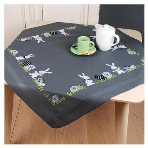 Vervaco Kreuzstich Stickpackungen Tischdecke OSTEREIER UND HASEN Stickdecken Vorgezeichnet Basteln Erwachsene Kreativ Set Vorgedruckte Decke Sticken 80 x 80 cm Stickset DIY Sticken Set