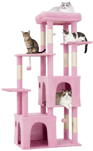 Garvee Arbre à Chat 157cm Stable pour Grands Chats et Maine Coon – Grand Plateforme, 2 Condos spacieux, poteaux à griffer en sisal Naturel, Jouets Suspendus, Multi-Niveaux pour Plusieurs Chats – Rose