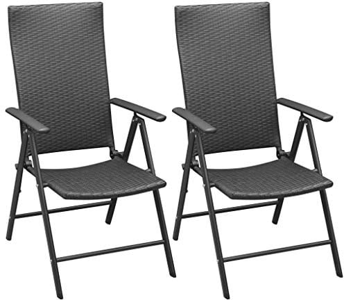 HFXHIJXQ Klappstühle Outdoor 2er Set Schwarz Poly Rattan 55 x 64 x 105 cm wetterfest verstellbare Rückenlehne 7 Stufen stapelbar platzsparend für Garten Terrasse Balkon und Camping