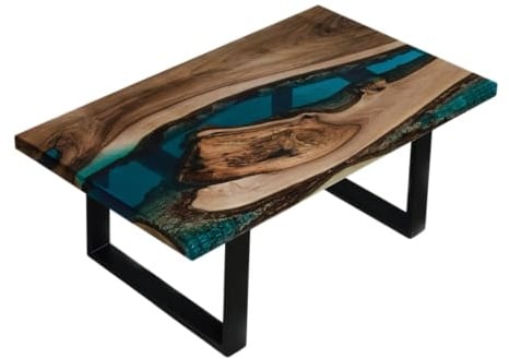 Generisch Couchtisch aus massivem Nussbaumholz mit Epoxidharz Fluss, River Table handgefertigt, Live Edge Tischplatte, Schwarze Metallbeine, Designer Wohnzimmertisch Unikat (Blau, 100 x 60 cm)