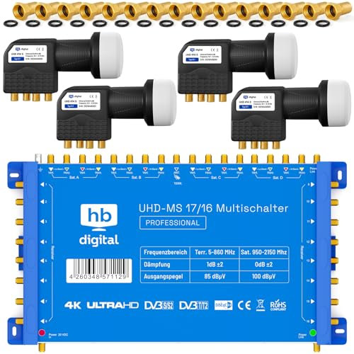HB-DIGITAL Set: Quattro LNB Schwarz (Im Test: SEHR GUT) + Multischalter pmse 17/16 bis zu 4X Satellit und bis zu 16x Teilnehmer/Receiver für HDTV 3D 4K UHD mit Netzteil + 50 Vergoldete F-Stecker