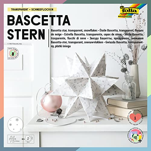 folia 801/2020 - Bastelset Bascetta Stern, aus Transparentpapier weiß/silberne Schneeflocken, 20 x 20 cm, 32 Blatt, fertige Größe des Papiersterns ca. 30 cm, mit Anleitung, zur zeitlosen Dekoration