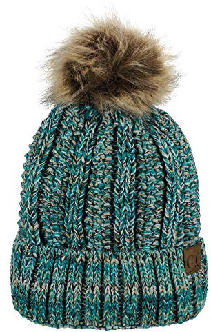 C.C Dicker Zopfstrick-Mütze mit Kunstpelz und Bommel und Fleece gefüttert, Totenkopf-Mütze, Blaugrün, Einheitsgröße