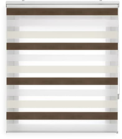 Blindecor Lira duo rollo tag und nacht , tricolor Creme, Braun, Weiß - 140 x 180 cm (Breite x Länge). Stoffgröße 137 x 175 cm. Doppelrollo für fenster