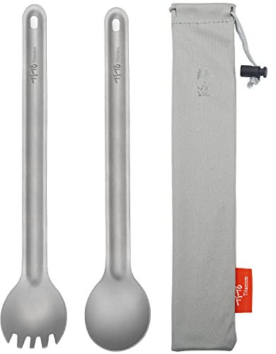 TiTo Titanium Cuchara De Mango Largo de Titanio Spork con Bolsa Almacenamiento Ultraligero Spork Cuchara Portabale Cubiertos para Acampar Hikking Utensilio(2pcs Arenado Cuchara Spork)