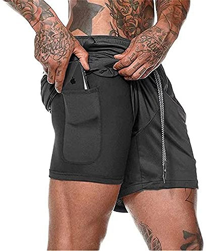 Shorts Herren 2 in 1 Trainingsshorts Sommer Kurze Hosen Schnelltrocknende Laufshorts, Trainingsshorts Sporthose mit Taschen Kompressionsshorts (Black, XXL, xx_l)