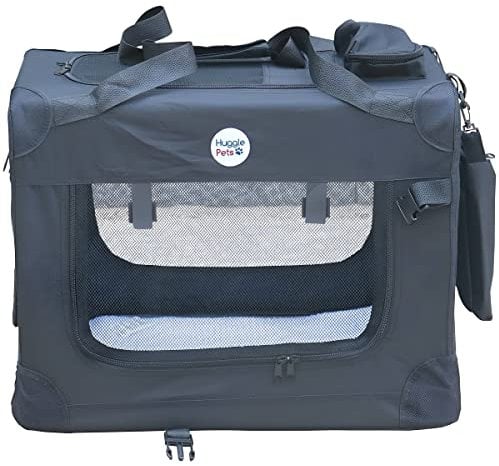 HugglePets Black Fabric Dog Crate Carrier X-Large 82cm, Foldable with Fleece Mat