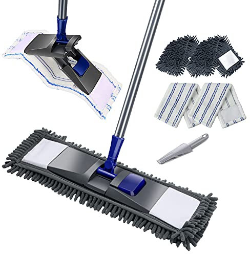 Masthome Flach Bodenwischer Set, 128 cm Chenille Flach Wischmopp mit 4 Wischpads, Wischer Set für Schnelle Reinigung Bodenreinigung, Send Scraping Dust Tool - Blau