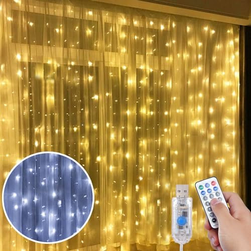 Anpro rideau guirlande lumineuse,3 * 3m 300LEDs Rideau Guirlande Lumineuse Fenete,10 modes d'éclairage blanc chaud/blanc froid,convient pour le mariage, le jardin, la décoration de la chambre