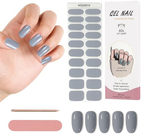 Kalolary 20pcs Nail Gel Polish Strips, Gray Full Wraps, Self-Adhesive Gel Nail Wrap Stickers - UV/LED Lamp Required