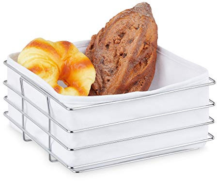 relaxdays Corbeille à Pain métal, Insert en Tissu, Panier Moderne, Petit-déjeuner, INOX, HxLxP 10,5 x 23 x 23 cm, Blanc