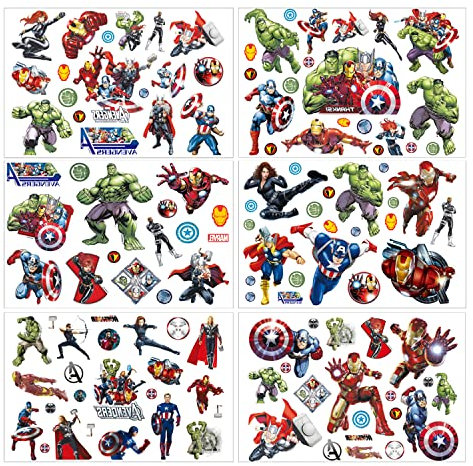 Marvel-temporäre Tattoo-Set, 6 Blatt, Avenger, gefälscht, wasserdicht, temporäre Tattoos, Aufkleber für Jungen, Mädchen, Teenager, Geburtstagsparty, Taschen, Füllstoffe, Leckereien, Dekoration