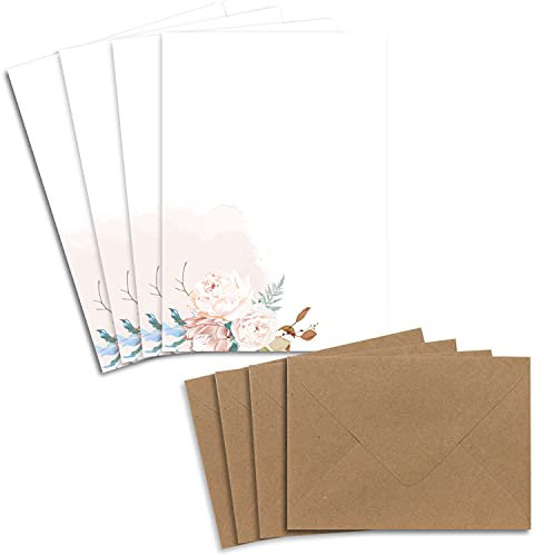 25 Briefpapier-Sets DIN A5 - Naturpapier in Creme mit Trockenblumen - mit Briefumschlägen DIN C6 in Sandbraun Briefbogen bedruckbar ideal für Hochzeitseinladungen