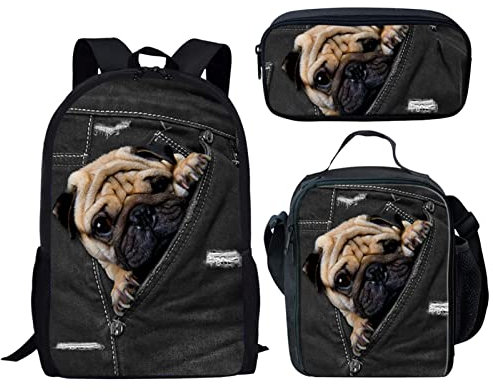 Wanyint Schulrucksack Leichte Büchertasche mit Brotdose Tasche Federmäppchen 3 in 1, Mops in Jeans, Medium
