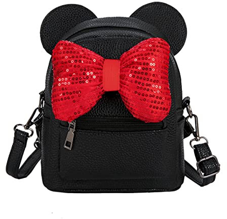 Sunwel Fashion Mini-Rucksack für Mädchen, mit Maus-Ohren, gepunktet, Pailletten-Schleife, wandelbarer Rucksack zu Crossbody-Tasche für Damen, Schwarze Paillettenschleife, W8.7x H10, Rucksack