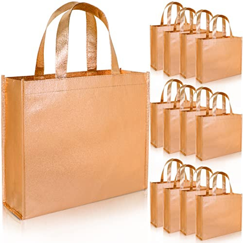 12 Große Geschenktüten mit HenkelVlies stilvolle Tragetaschen zum Geburtstag Hochzeit Geschenkverpackung party, Wiederverwendbare glänzende Einkaufstüten (Rosa Gold)