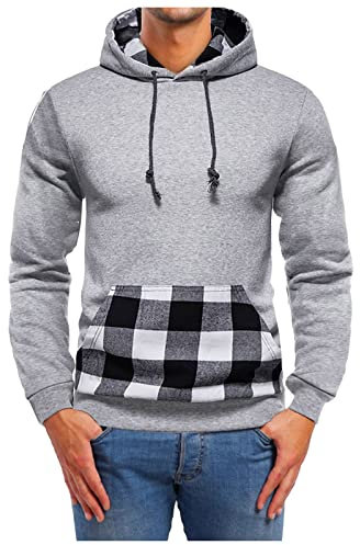 Glücksvogel peso Hoodie schwarz Herren-Mantel mit Kapuze, übergroßer, Warmer Kordelzug, farblich passend, Karierter, verdickter Winterpullover mit Tasche Sweatshirt Herren weiß