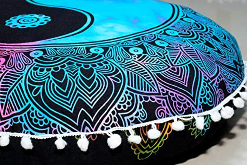 Runder Mandala-Bodenkissenbezug, Sitzkissen, Überwurf, Hippie, dekorativer Bohemian-Ottoman-Pouf, Pompom-Kissenbezüge, Boho-Indisch, 55,9 cm (mehrfarbig Yin Yang)