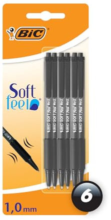 Bic Soft Feel Ballpoint Pens, Retractable Pens, Ideal for School and Office, Medium Point (1.0 mm), Black, Pack of 6
