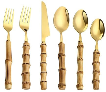 Juego de cubiertos con mango de bambú de 24 piezas, cubiertos de acero inoxidable, cubiertos de cocina para el hogar, restaurante, lavavajillas, servicio de cena seguro little surprise