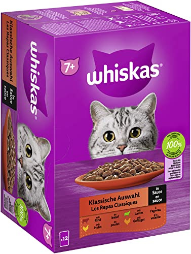 Whiskas 7+ Katzenfutter Klassische Auswahl in Sauce, 12x85g (1 Packung) – Hochwertiges Nassfutter ab dem 7. Lebensjahr in 12 Portionsbeuteln