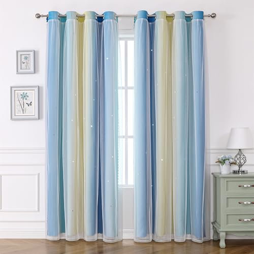 Freyamy Gardinen Blau Beige Weiß Glänzend Sterne Vorhänge Blickdicht Kinderzimmer Halbtransparent H 200 X B 100cm Ösenvorhang 2er Set Mädchen Kindervorhänge Gardinen Verdunkelungsvorhang Wohnzimmer