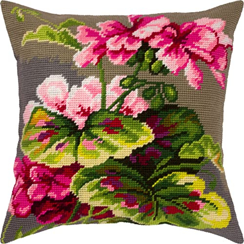Brvsk Geranio. Kit de punto de cruz estampado con lienzo tapiz impreso (40 × 40 cm) — Kit de cojines de punto de cruz estampados para decoración creativa del hogar — Kit de costura para