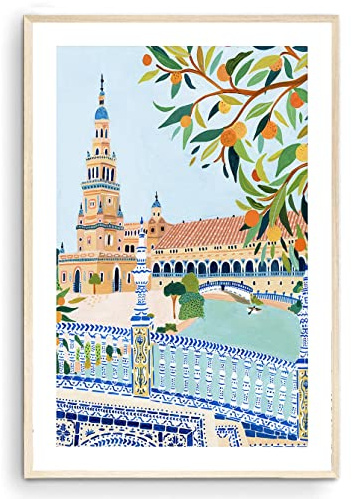 Nationcog Sevilla Kunstdruck, Spanien Kunstdruck, Plaza De Espana, Sevilla Poster, Reisegeschenk, Reiseposter, Europadruck, Einweihungsfeier, Heimdekoration (ungerahmt) (40,6 x 61 cm)