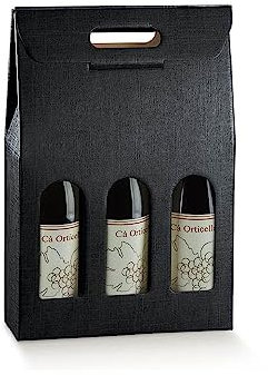 Generico Scatola PORTABOTTIGLIE da 3 posti 27x9x38.5 cm con Finestre | PORTA BOTTIGLIE 3 VANI CON MANICO MATRIMONI EVENTI SPECIALI (Seta nero)