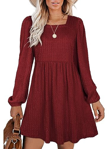 Aokosor Long Sleeve Knit Dress Square Neck Jumper Dresses Knee Length Babydoll Dresses Red Size 22-24