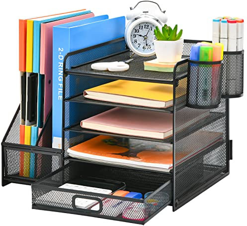 Marbrasse Schreibtisch Organizer mit Aktenhalter,5Tier Briefablage Ablagefächer mit Schublade,2 Stifthalter, Netz Schreibtisch Ablage Zeitschriftenhalter für Büro Bedarf Dokumentenablage(Schwarz)