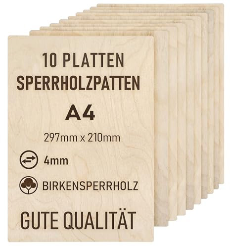 woodmanucom Sperrholzplatte 10x 4mm A4 297mm x 210mm Platten Aus Birkensperrholz Birkensperrholz Dünne Holz Zuschnitte Bastelholz Platte Sperrholz Holzplatte Laser Basteln Modellbau Holz Deko