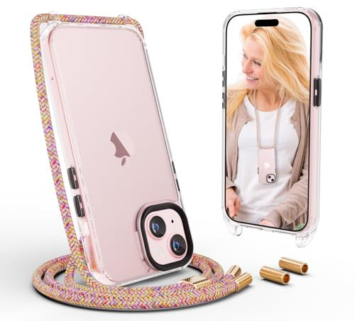 UYMO Handykette Hülle mit Band Für iPhone 15 6.1 - Necklace Transparent Handyhülle Case mit Strap Schnur Abnehmbar, Schutzhülle zum Umhängen Kordel, Regenbogen