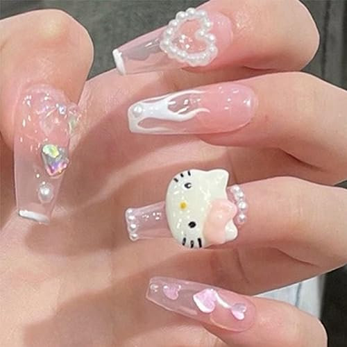 24PCS French Pink Kitty Press on Nails,Cute Kawaii 3D False Nails,Cartoon Y2K Long Length with Flame and Rhinestone Design,Trapezoid Coffin Fake Nails,Glossy and Full Cover Acrylic Nails for Women