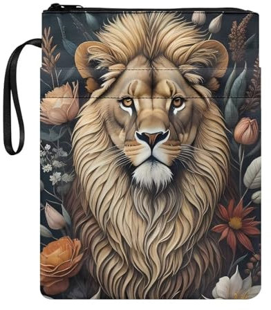 Poceacles Löwenrose Floral Buchschutz Tasche mit Reißverschluss waschbar Buchhüllen für Buchliebhaber Taschenbücher Hardcover Notizbuch Bibel Journal Lehrbücher, Einheitsgröße, CZ25