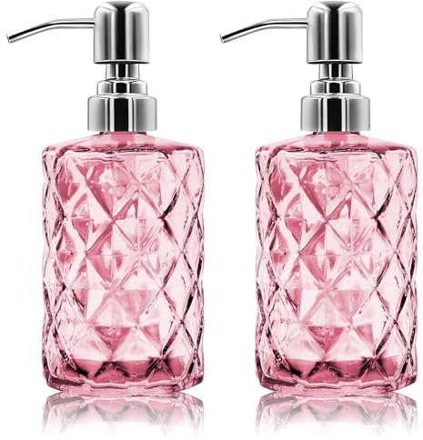2 Pack 12 Oz Glass Soap Dispenser with Stainless Steel Pump, Refillable Liquid Hand Soap Dispenser for Bathroom, Vanity Countertop, Kitchen Sink, Laundry Room, Home Decor Accessories (Pink)