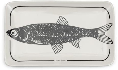 Riviera Maison Servierteller Weiߠ Porzellan mit Fischaufdruck, rechteckige Schale zum Servieren von Fisch Italienisches Tafelgeschirr - Long Island Fish Serving Plate - (LxBxH) 31.5x18.5x3.5
