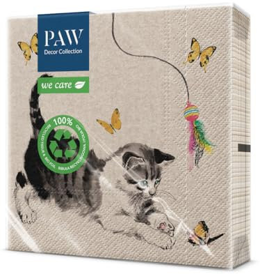 PAW - Recycelte Servietten 3-lagig (33 x 33 cm) I 20 Stück I Perfekt für Geburtstage, Partys, Hochzeiten, Kommunion, Feiern I Umweltbewusste Papierservietten Recycelt - Spielende Katze I Cat Playing