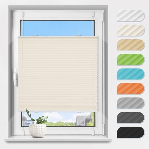 Plissee ohne Bohren Klemmfix Beige B40 x H90 cm, Plissees Lichtdurchlässig und Sichtschutz Jalousie Easyfix Faltrollo mit Klemmträger Plisseerollo Sonnenschutz für Fenster & Tür