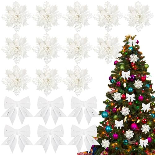 BOFUNX 12 Stück Glitzer Weihnachtsstern Blumen mit 6 Stück Glitzer Weihnachtsschleifen Deko Weihnachtsbaumschmuck Weihnachtsdeko für Weihnachtsbaum Neujahr Dekorationen