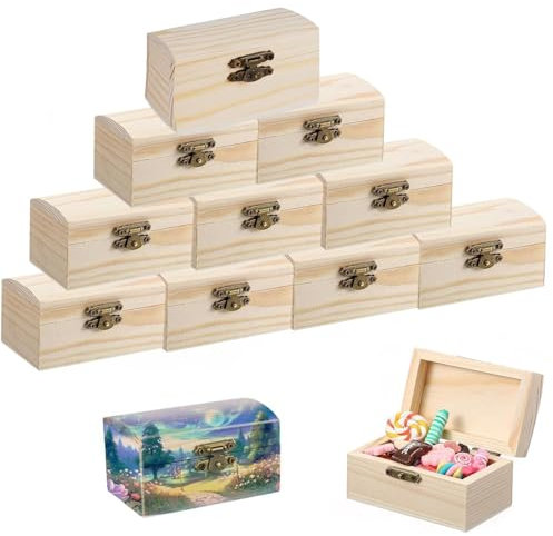 Yudobliss Holzkiste Klein, 10 Stücke Mini Schatztruhe Schatzkiste, Rechteckige Holzschatzkiste, Holz Schatzkiste Schatztruhe,mit Deckel Klein Set Schmuckkästchen Holz für Bastelset Piratenparty
